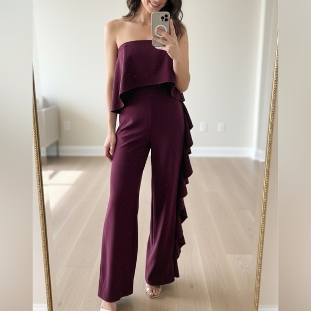 ALEXIS Kendall Ruffle Strapless Wide Leg Jumpsuit in Plum Medium
